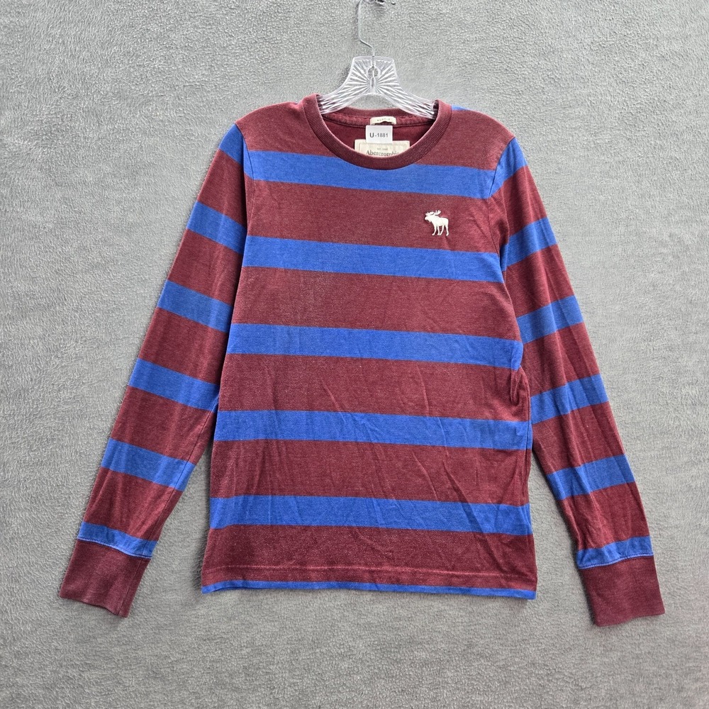 Abercrombie & Fitch Men Shirt Medium Red Striped Muscle Logo‎ Crew Neck Pullover